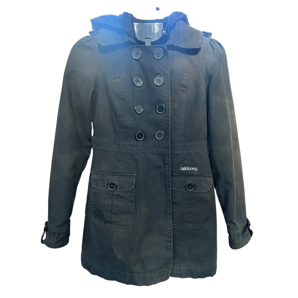 Vintage Y2K Billabong Black Double-Breasted Trench Coat Faux Shearling Hood S